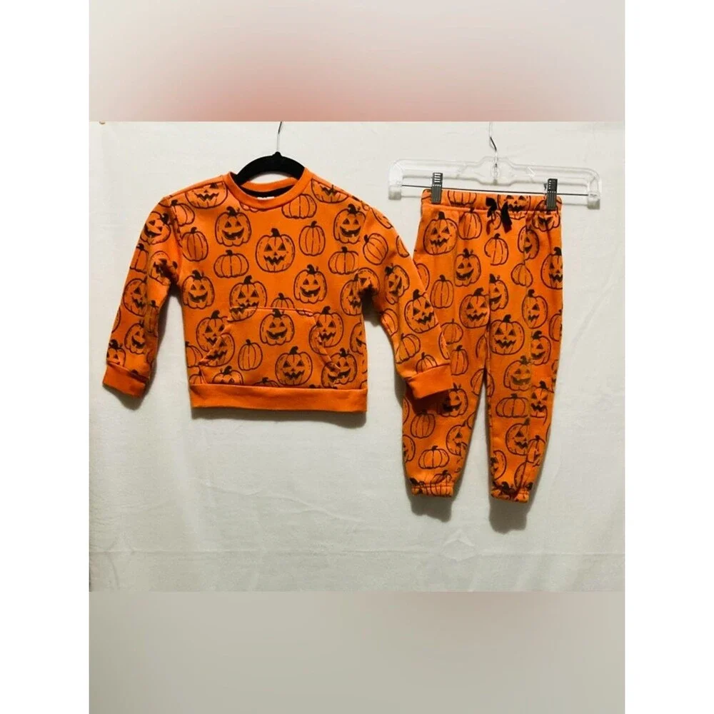 Wonder Nation Toddler Boys 3T Halloween Pumpkin Fleece Sweatshirt Jogger Set